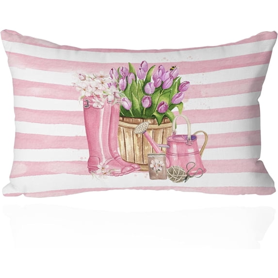 12 x 20 Inch Spring Summer Pillow Cover - Pink Garden Floral Tulips and Watering Can Design on Striped Background, Spring Decorative Cushion Case for Home and Patio