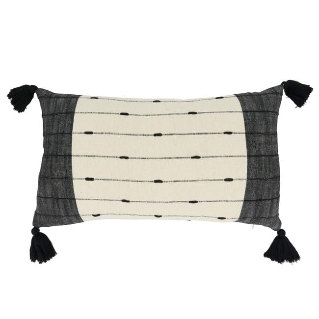 Black and Beige Cotton Tassel Trim Lumbar Throw Pillow