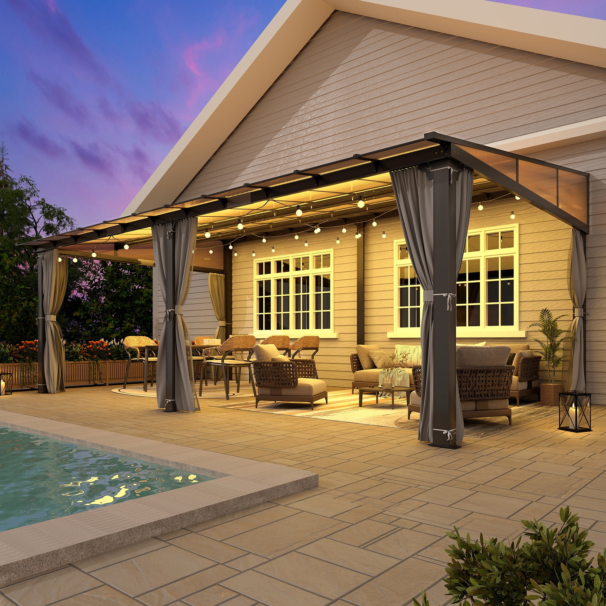 12 x 20FT Outdoor Wall-Mounted Hardtop Gazebo, Aluminum Frame Lean to ...