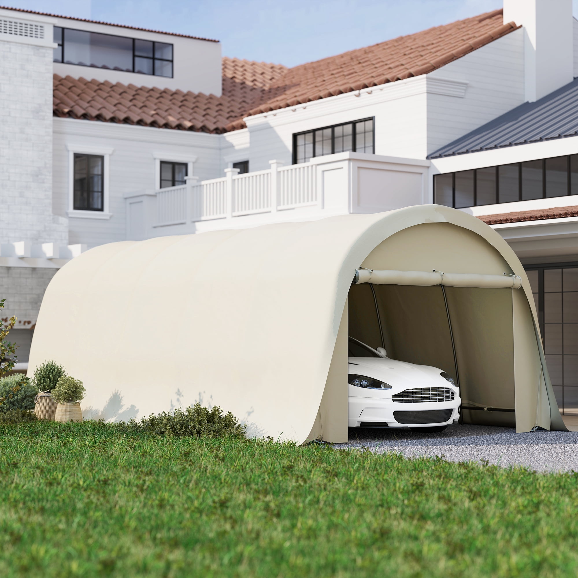 12' x 23.6' Heavy Duty Carport, UPF50+ Portable Garage Car Canopy Tent with Galvanized Frame, Large Door, Beige