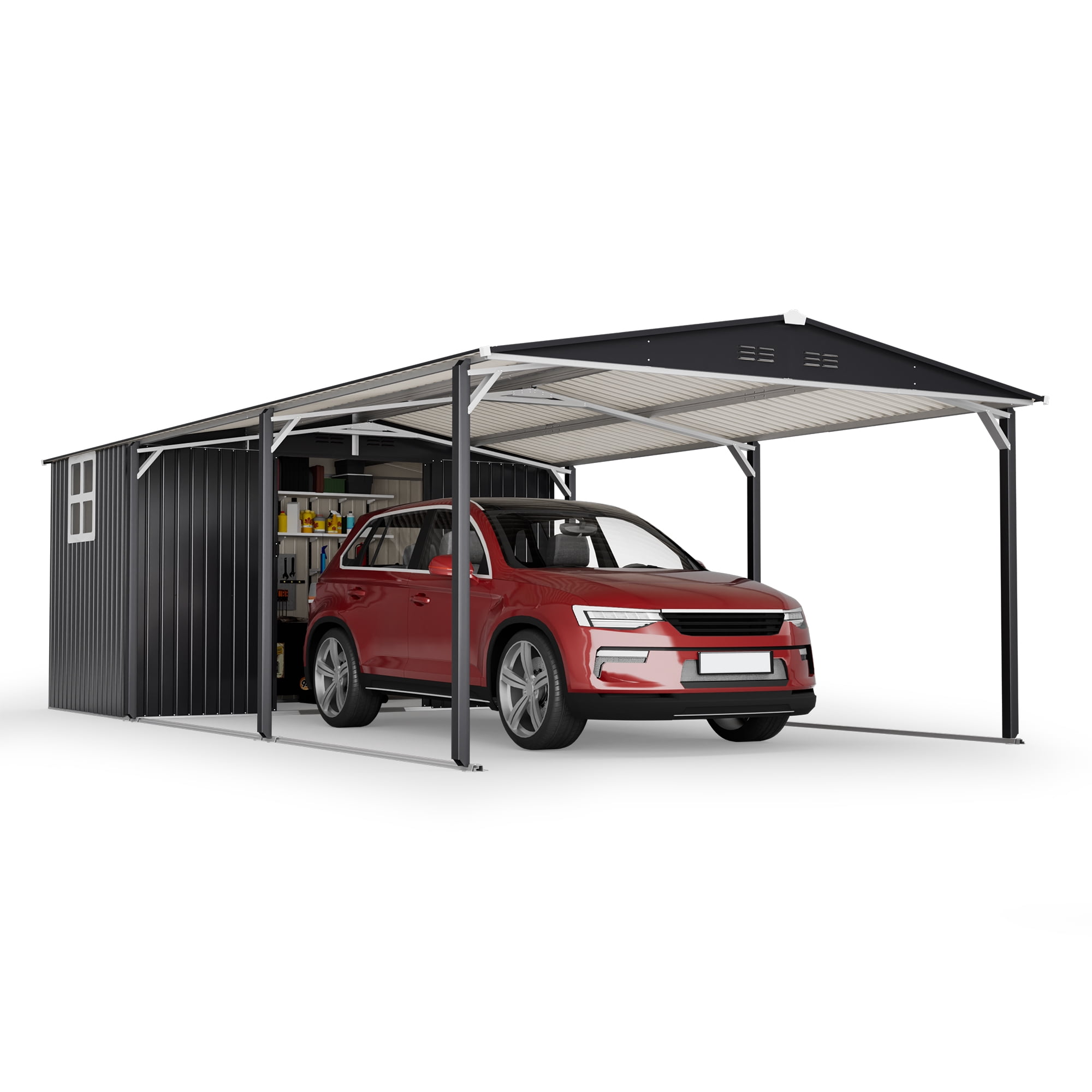 12' x 23' Heavy Duty Metal Carport Garage Shed with Sliding Door, Waterproof Steel Storage Building for Car, Boat, and Farm Equipment, UV-Resistant Sloped Roof, Grey