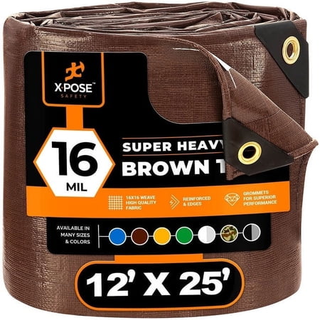 12' x 25' Super Heavy Duty 16 Mil Brown Poly Tarp Cover - Thick Waterproof
