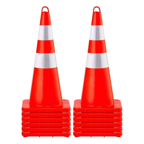 12 x 28 Inch PVC Orange Safety Traffic Cones with 2 Reflective Collars Weighted Base and Hand Held Ring for Construction Driveway Road Parking Control