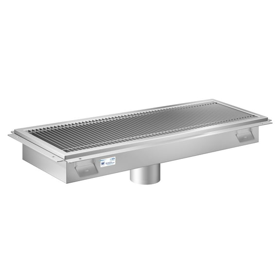 12" x 30" Stainless Steel Floor Trough Drain, 14-Gauge with Subway-Style Grating & Removable Drain Basket, NSF Listed (KM-FTG-1230)
