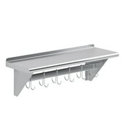 12" x 36" Stainless Steel Wall Mounted Pot Rack with Shelf and 6 Galvanized Hooks | NSF Certified