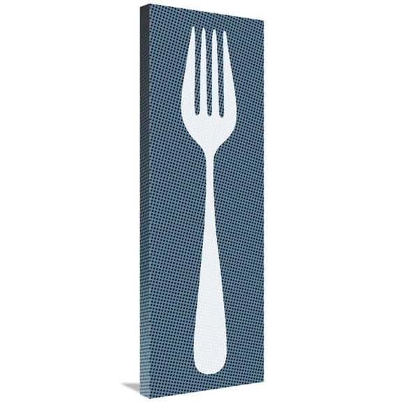 12 x 36 in. Mealtime - White on Blue with Dots - Fork Art Print - BG.Studio