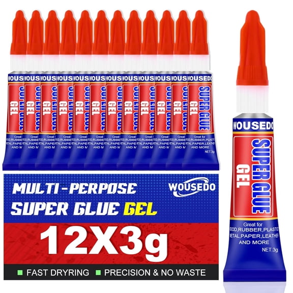 12 x 3g Gel, Fast Strong Adhesive, Cyanoacrylate (CA) Glue for Plastic, Metal, Ceramic, Leather, Wood, DIY Crafts and More Quick Dry, Thick Formula, All-Purpose Instant Bond