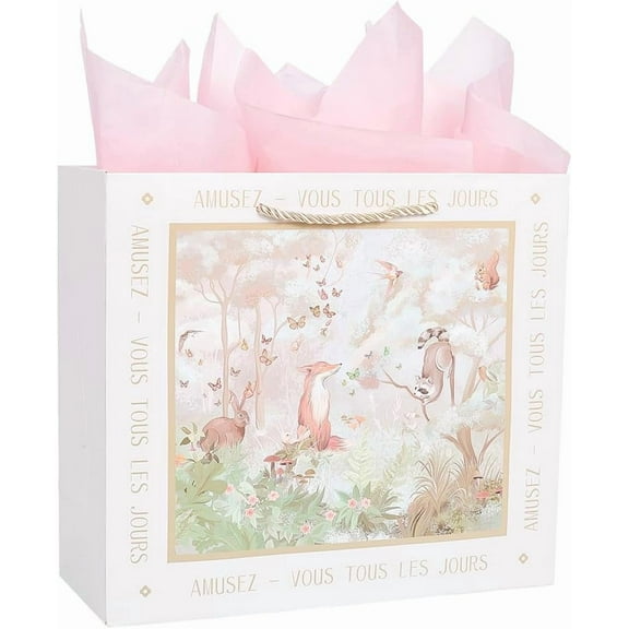 12 x 4.7 x 10.6 Inch Forest Gift Bags Vintage Paper Bags Tissue Handle Rectangle Colorful Animals Retro Heavy Duty Wrapping Shopping Paper Set