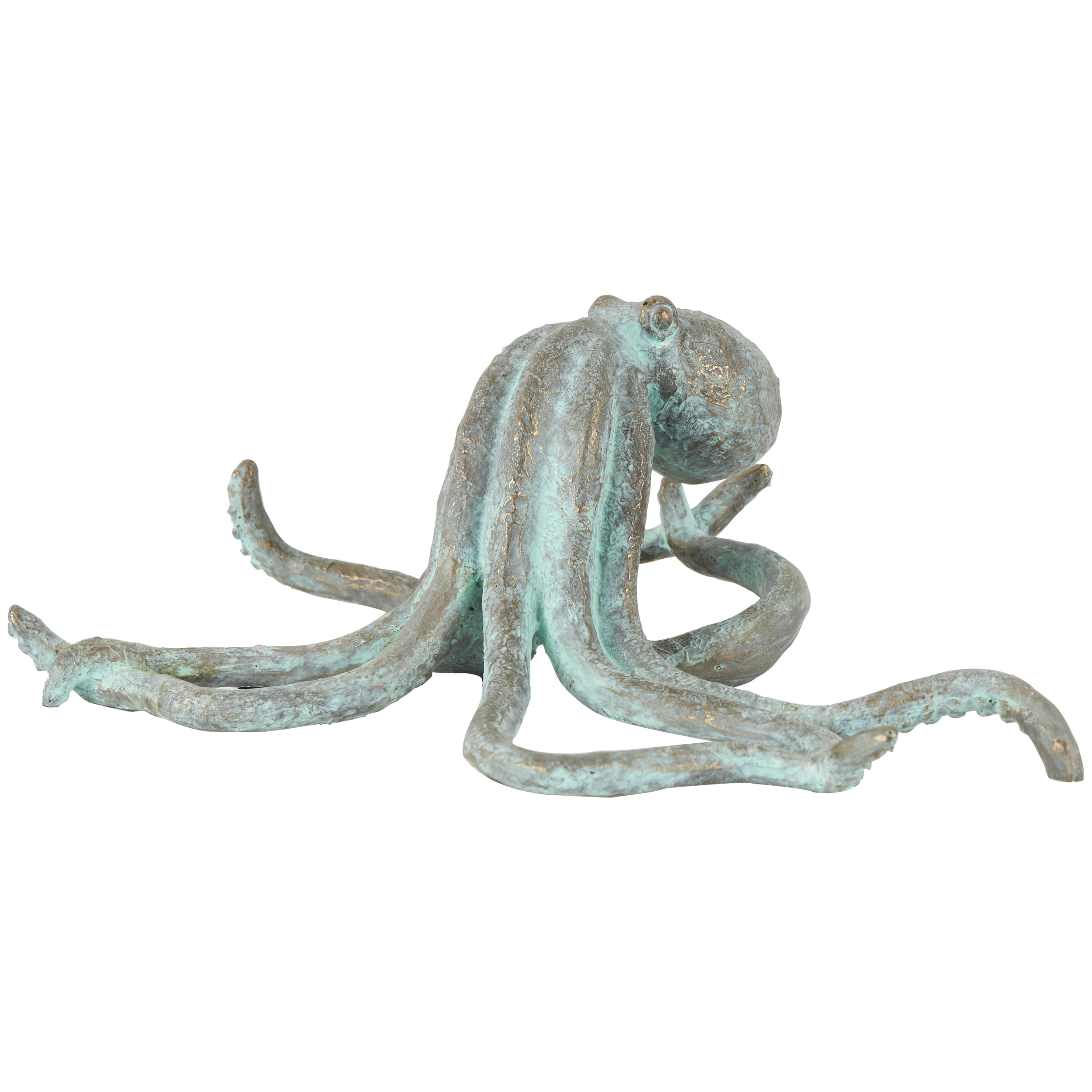 12" x 4" Blue Polystone Distressed Patina Octopus Sculpture with Gold Foil Accents, by DecMode