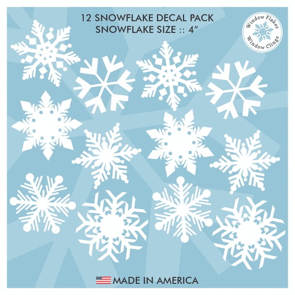 12 x 4" Christmas Snowflake Window Cling Decals. Vinyl Snowflake Home Decor Decorations for Windows & Glass. Snowflake Christmas Holiday Winter Decor. Reusable. No Adhesive. Made in America.