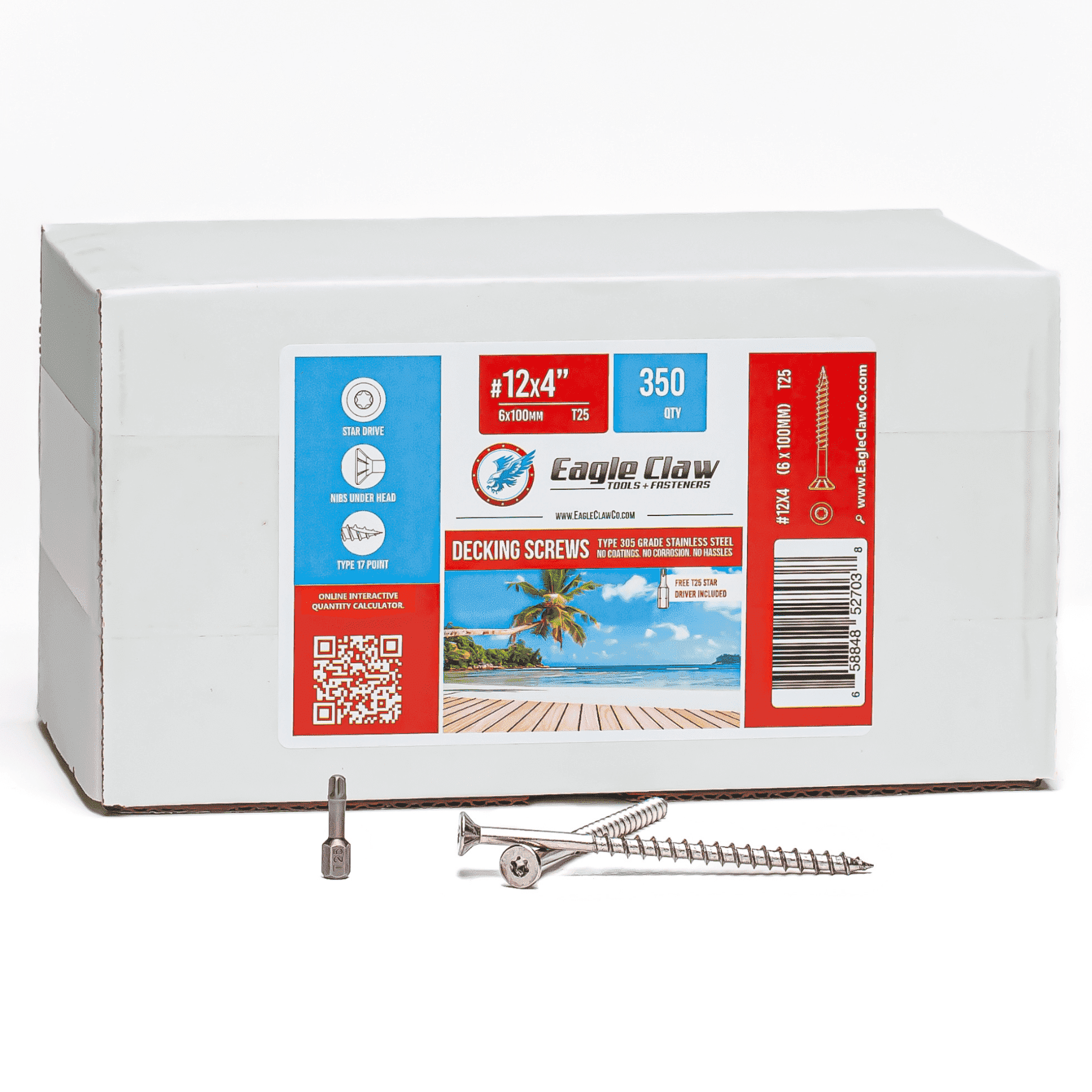 #12 x 4 Inch 305 Grade Stainless Steel Construction Screws 350 Pieces | T25 Star Torx Drive Flat Head Type 17 Point | Stainless Steel Wood Screws by Allen's Trading Co. Eagle Claw Fasteners