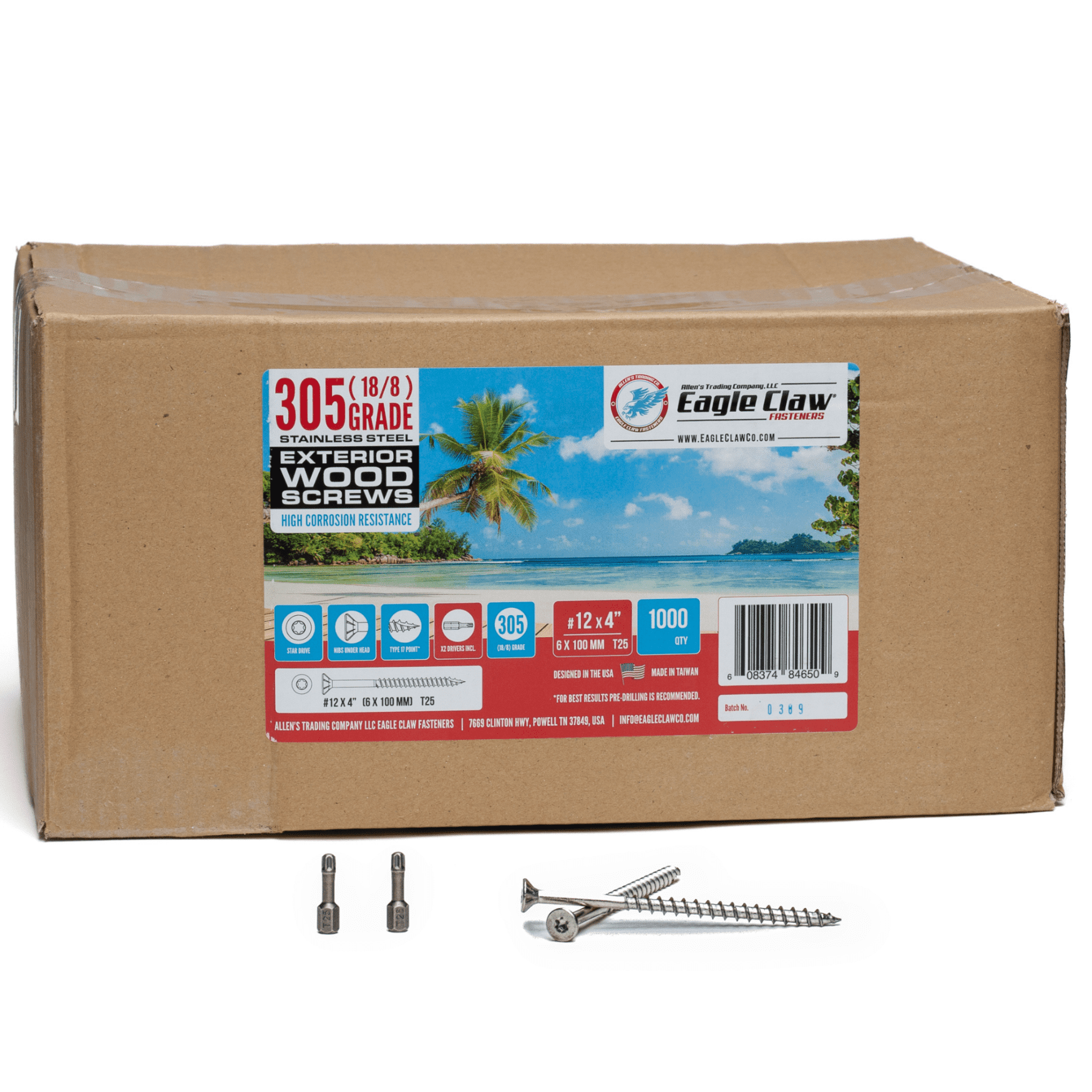 #12 x 4 Inch Stainless Steel Wood Screws 1000 Qty | T25 Star Torx Wood Screws | 305 Grade Stainless Steel Construction Screws | Long Lasting High Corrosion Resistance | 2 X Driver Bits Included