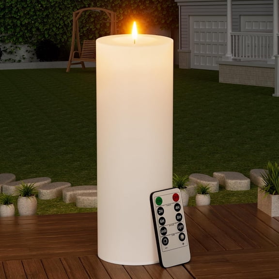 12" x 4" Large Outdoor Candle with Timer Waterproof Flickering LED Flameless Candle Battery Operated with Remote Fake Pillar Candle Realistic for Patio Porch Lantern, White 1 Pack