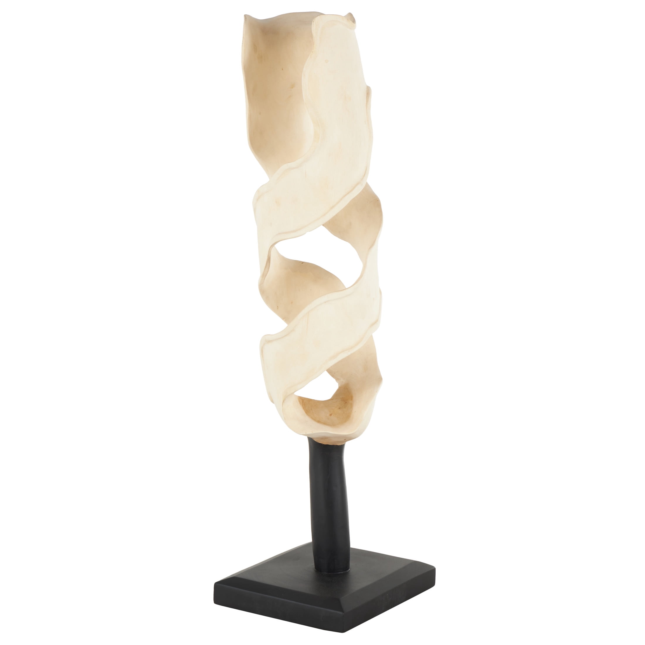 12" x 40" Cream Suar Wood Handmade Live Edge Intertwined Abstract Sculpture with Black Square Base, by DecMode