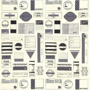 12" x 44" Cotton Panel Sewing Labels Project Labels Quilting Crafts Crafting Black Gray Tags Tag Cutouts Stationery Writing Writers Handmade with Love Sweetwater Cotton Fabric Print Panel (5540-13)