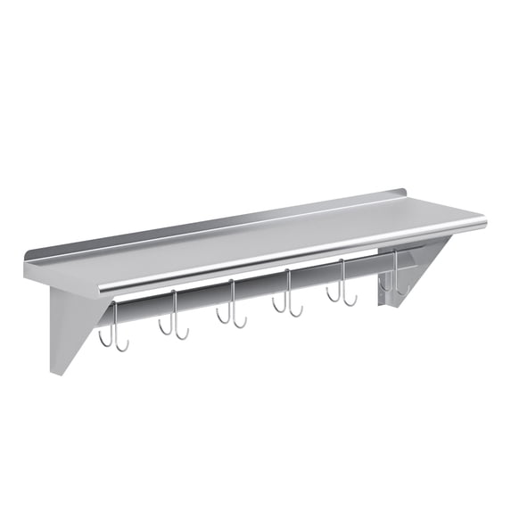 AmGood 12 in. X 48 in. Stainless Steel Wall Mounted Pot Rack with Shelf and 6 Double Sided Chrome Plated Hooks | NSF