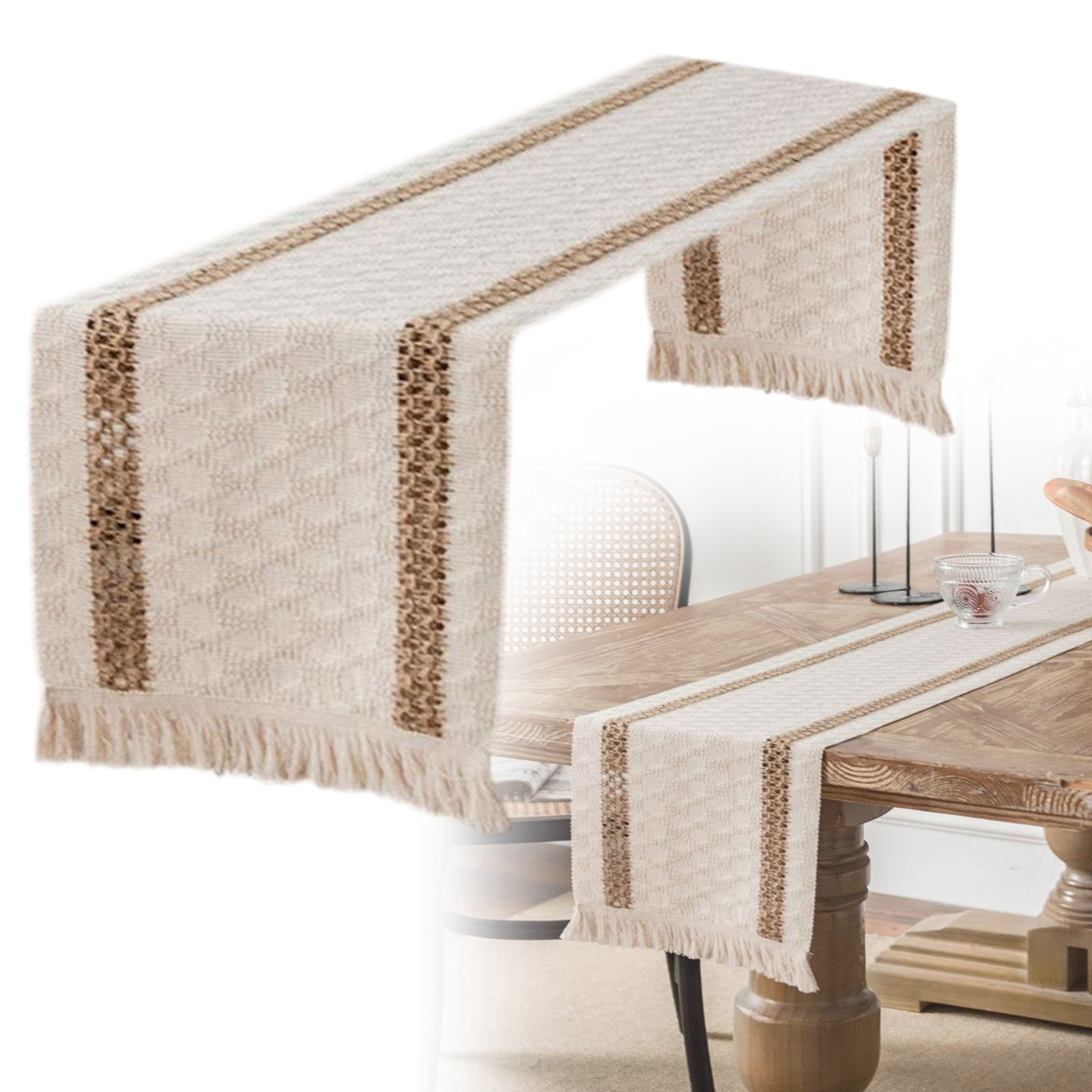 12 x 55 inch Farmhouse Style Cotton Linen Table Runner with Handmade ...