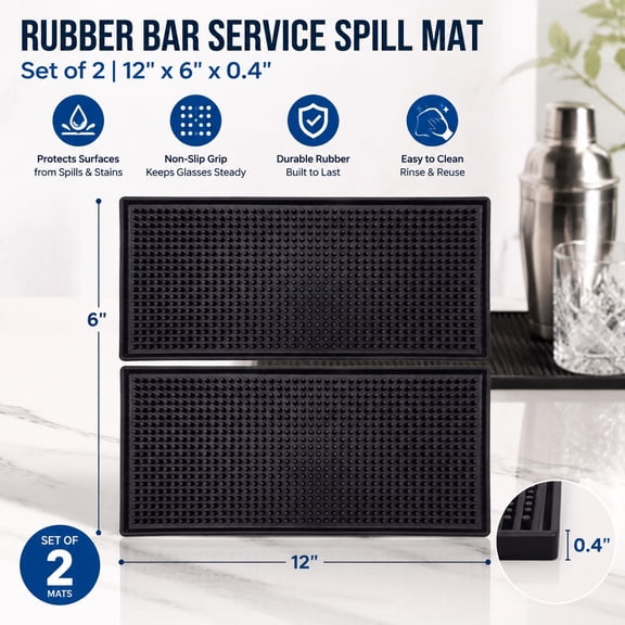 12" x 6" Rubber Bar Spill Mat Set of 2 for Cocktail Bartender Coffee Bar Countertop Glass Drying Mat Black