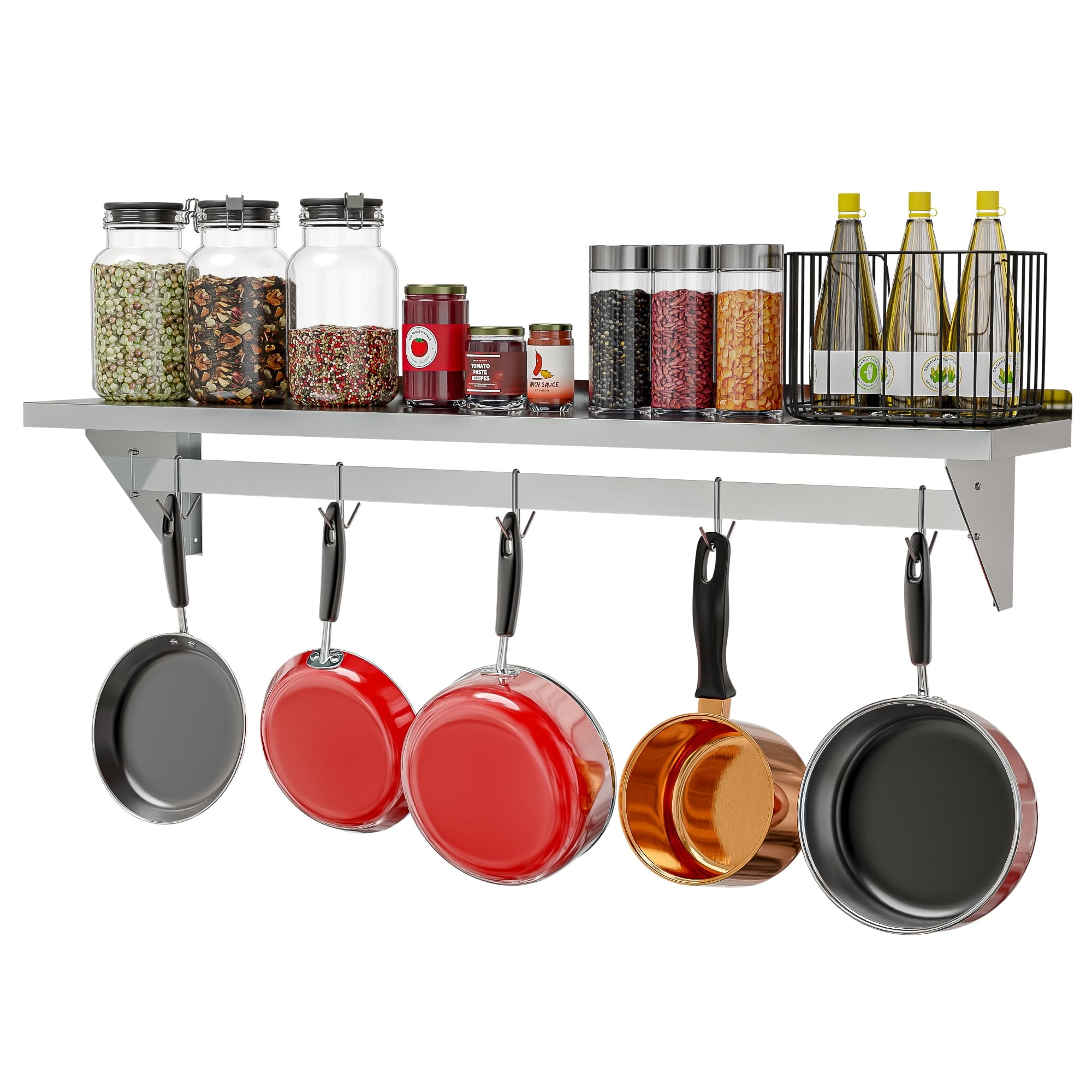 Stainless Steel Wall Mounted Kitchen Shelf with Pot Rack