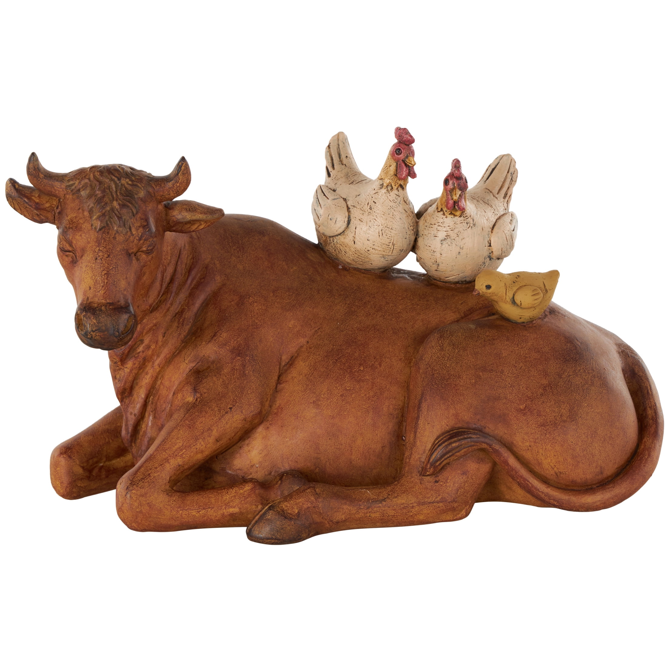 12" x 7" Copper Polystone Cow Sculpture with Sitting Roosters and Chicks, by DecMode