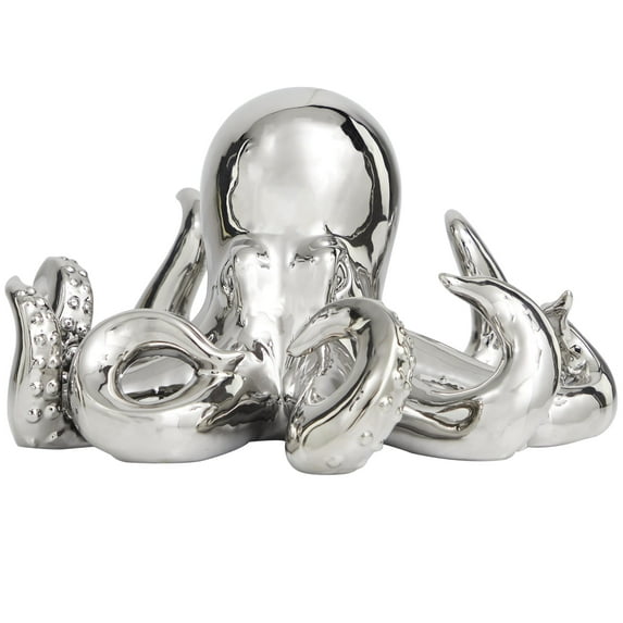 12" x 7" Silver Ceramic Octopus Sculpture with Textured Tentacles, by DecMode