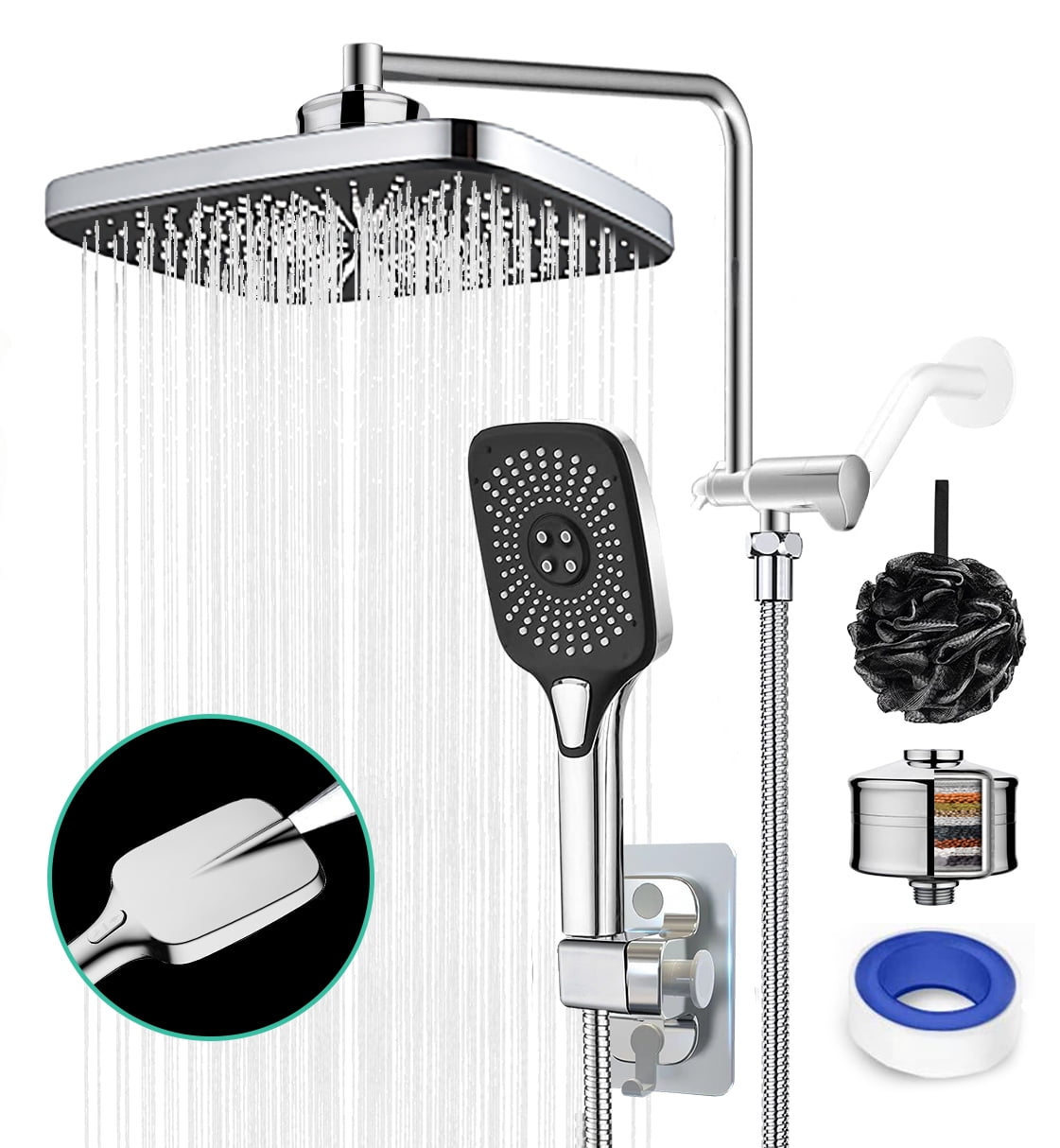 Chrome Rectangular Dual Shower Head with Handheld Spray and Extension Arm