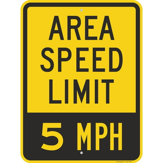 12 x 8 inch “Area Speed Limit - 5 MPH” Metal Sign, Screen Printed, 80 mil Laminated Rustproof Aluminum, Black and Yellow