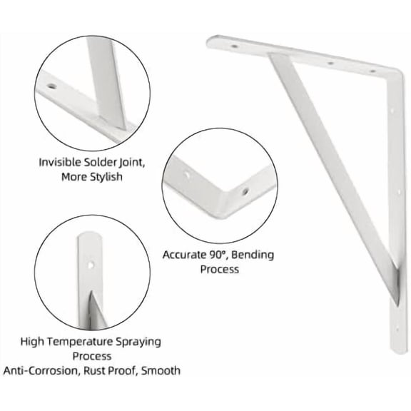 12 x 8 inch Heavy Duty Shelf Brackets, Load Capacity: 600 lb, 2-Pack White Metal L Supports for Wall Mounted Wood Shelving, Shelves Bracket with Screws,