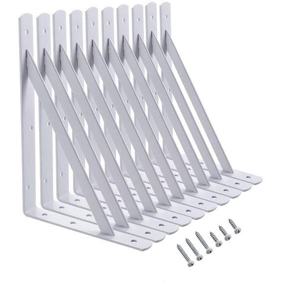 12 x 8 inch Heavy Duty Shelf Brackets, Load Capacity: 600lb, 10-Pack White Metal L Supports for Wall Mounted Wood Shelving, Shelves Bracket with Screws