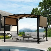 12 x 9 Ft Outdoor Pergola Patio Gazebo, Retractable Shade Canopy, Steel Frame Grape Gazebo, Sun shelter Pergola for Gardens, Terraces, Backyard, Beige+Brown