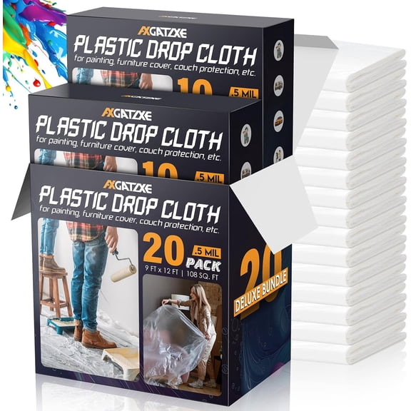 12 x 9 Ft Plastic Sheet Drop Cloths (20-Pack) - Disposable Painter's Sheeting & Tarps for Painting, Waterproof Painting Supplies, Dust Cover for Furniture/Couch/Floor Protection
