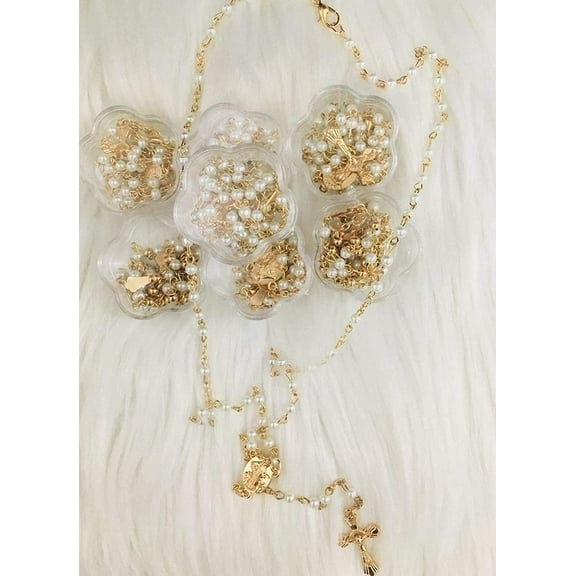 12 x Faux Pearl Bead Rosary Catholic Rosary Crucifix Necklace lot of 12, Wedding, Memorial Religious Favor