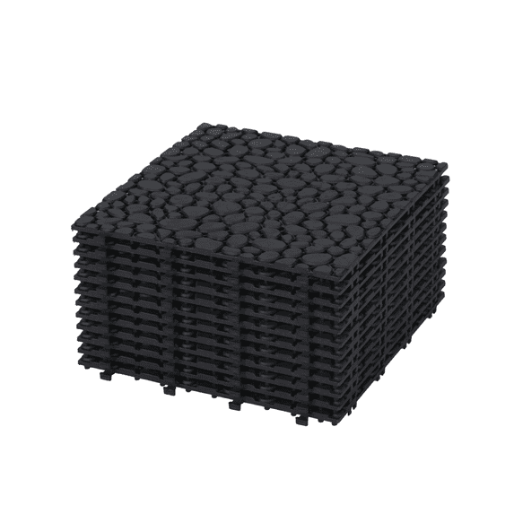 12 x 12 Inch Interlocking Deck Tiles, Plastic Waterproof All Weather Anti-Slip Bathroom Shower Balcony Porch Strong, Pebble Stone Pattern Pack of 12, Black