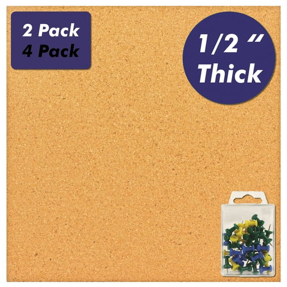 12 x 12 Inch Square Cork Board Tiles with Self Adhesive Backing, 1/2 Inch Thick, Mini Wall Bulletin Boards for Notes, Photos, 2 Pack with 40 Push Pins