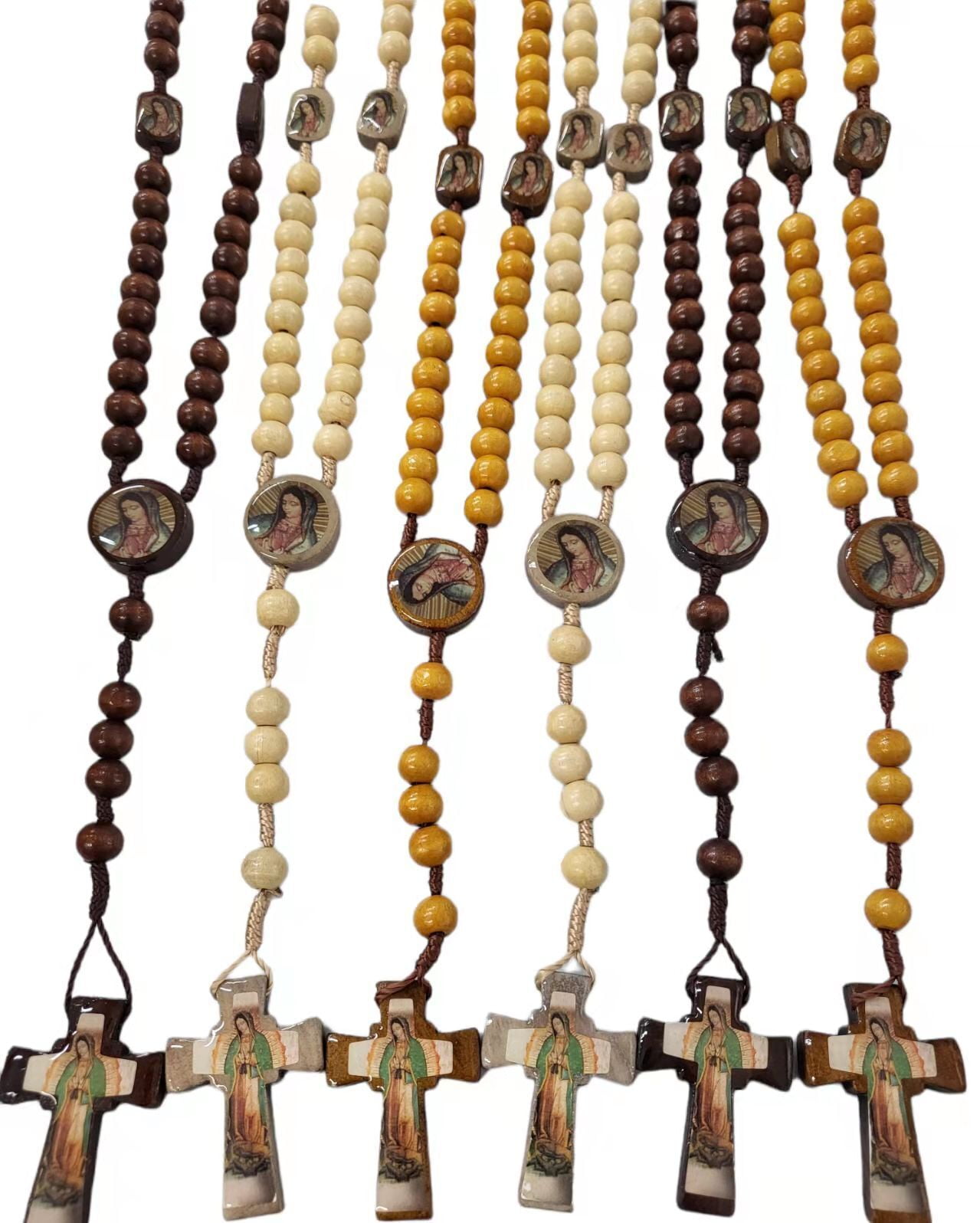 12pc Guadalupe Rosary Mixed Wood Gift Necklace for Baptism, First