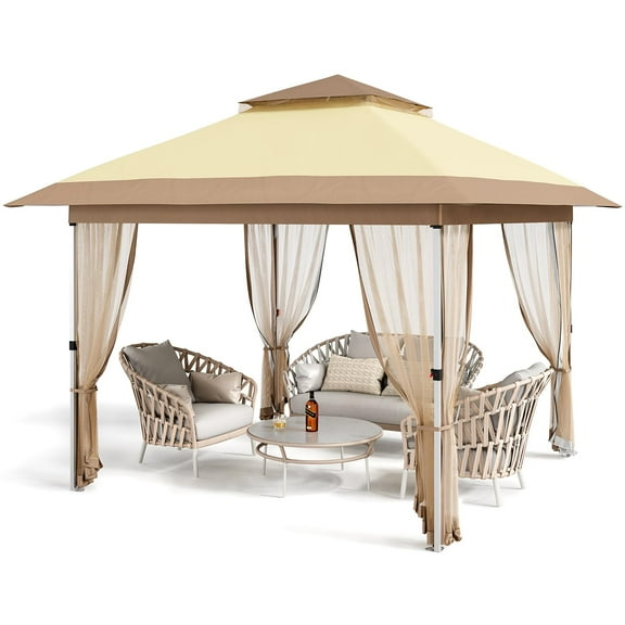 12'x12' Gazebo Outdoor Pop up Canopy Tent with Curtains and 144 Square Shelter for Patio,Backyard Party, with Mosquito Netting, 2-Tiered Vented Top