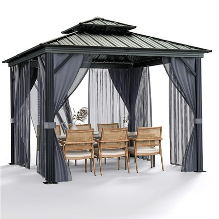 12'x12' Hardtop Gazebo with Double Steel Roof - Permanent Outdoor Pavilion w/ Curtains & Netting