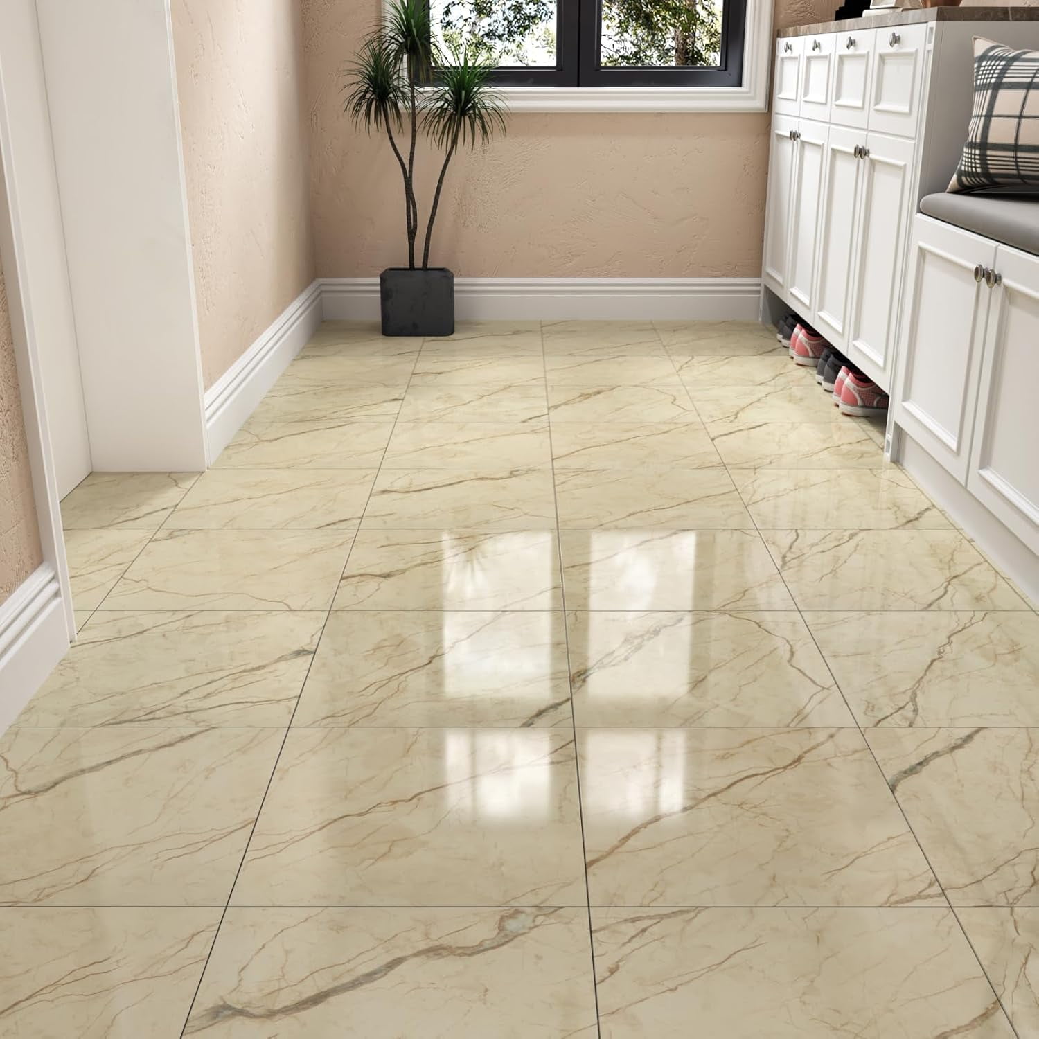 12''x12'' Marble Vinyl Floor Tiles Peel and Stick Waterproof Tiles for  Kitchen Dining Room Bathroom Shiny Marble Light Yellow Vinyl Plank Flooring  Tile Laminate Sheets for Balcony 18PCS - Walmart.com, image size:1500x1500