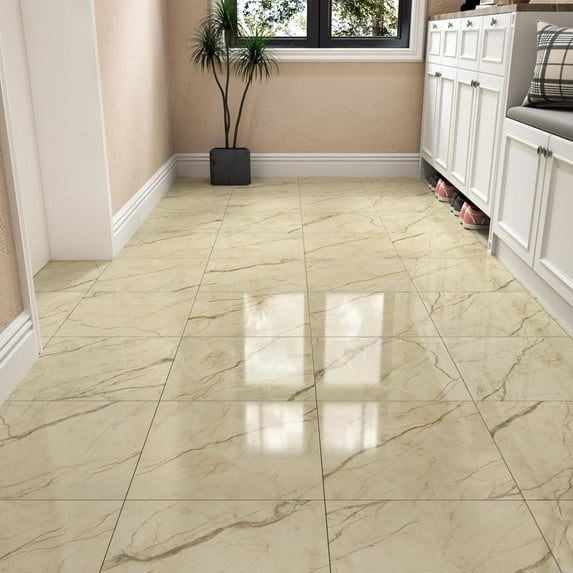 12''x12'' Marble Vinyl Floor Tiles Peel and Stick Waterproof Tiles for Kitchen Dining Room Bathroom Shiny Marble Light Yellow Vinyl Plank Flooring Tile Laminate Sheets for Balcony 18PCS