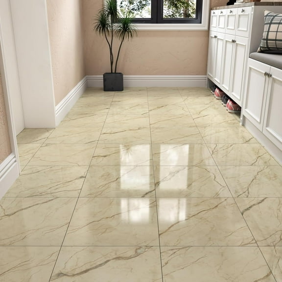 12''x12'' Marble Vinyl Floor Tiles Peel and Stick Waterproof Tiles for Kitchen Dining Room Bathroom Shiny Marble Light Yellow Vinyl Plank Flooring Tile Laminate Sheets for Balcony 18PCS