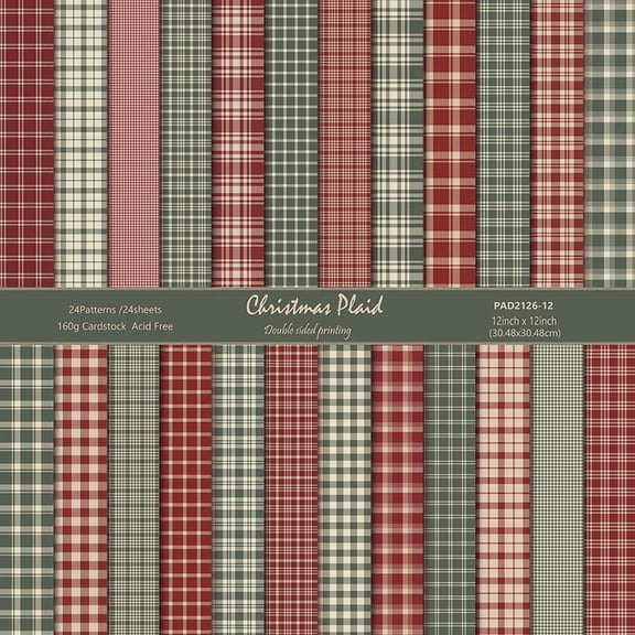12’’x12’’ Scrapbook Paper, 24 Sheets Double-Sided Colorful Scrapbook Pad Decorative Holiday Craft Paper for Photo Album Junk Journals DIY Decor(Christmas plaid)