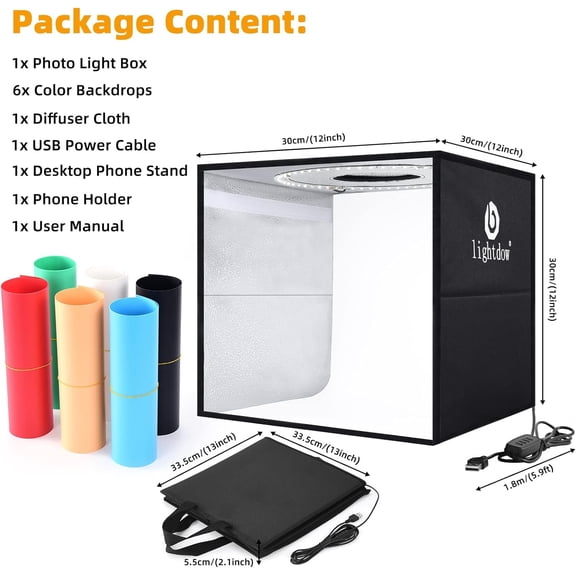 12"x12"x12" Photo Studio Light Box Photography with Desktop Tripod & 120 LEDs (CRI>95), 6 Backdrops - Portable/Dimmable Folding Shooting Tents for Toys/Jewelry/Watches/Cosmetics