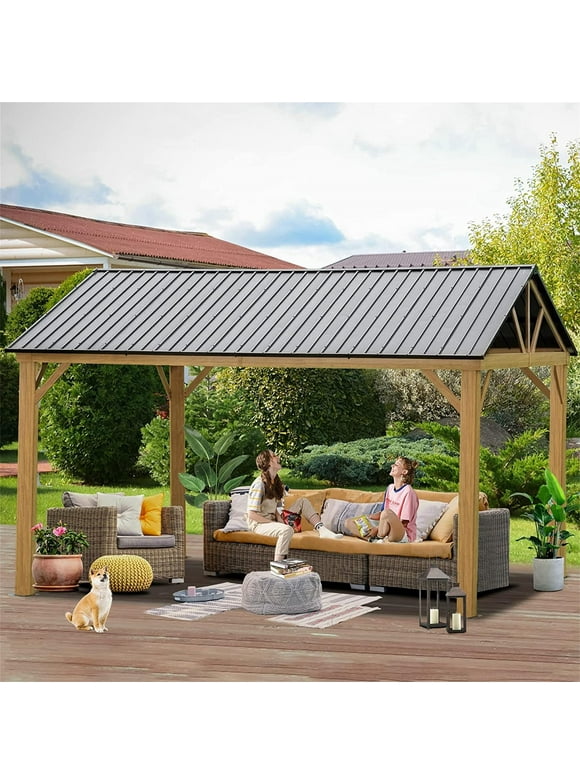 12'x14' Hardtop Gazebo, Outdoor Wooden Coated Aluminum Frame Hard Top Gazebo with Galvanized Steel Double Roof, Permanent Metal Roof Gazebo Pavilion for Deck, Patio and Garden (Yellow-Brown)