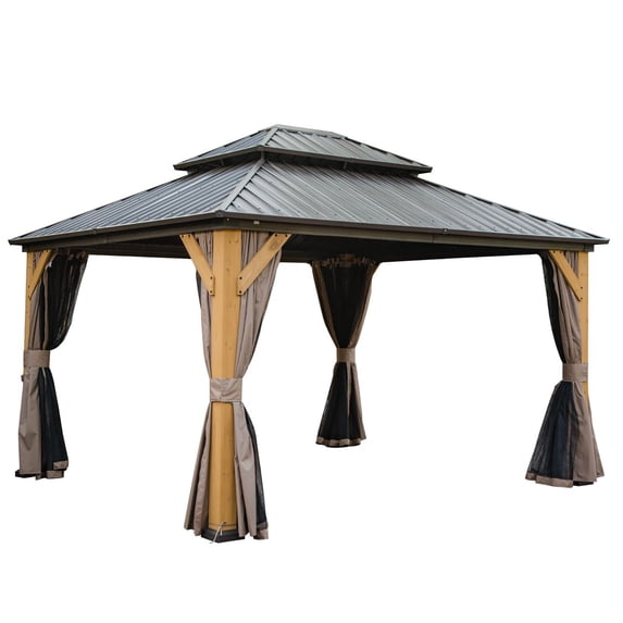 12'x14' Hardtop Gazebo with Cedar Wood Frame, Galvanized Steel Double Roof, Curtains & Netting, Permanent Metal Pavilion for Patio, Backyard & Lawn