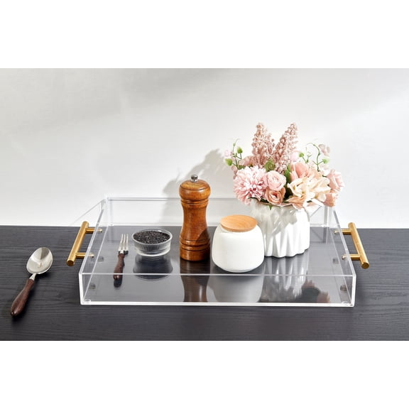 12"x16" Clear Acrylic Serving Tray with Golden Handles, Huge Capacity Sturdy Acrylic Tray for Coffee, Juice, Kitchen and Desk Organizer, Storage Tray (12"x16")