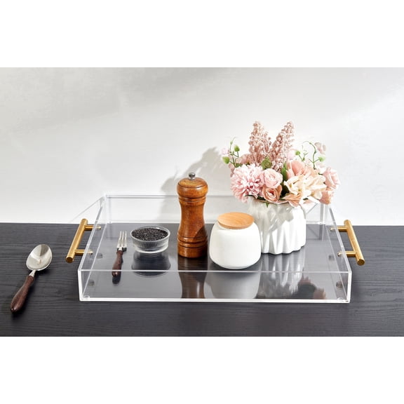 12"x16" Clear Acrylic Serving Tray with Golden Handles, Huge Capacity Sturdy Acrylic Tray for Coffee, Juice, Kitchen and Desk Organizer, Storage Tray (12"x16")
