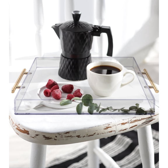 Acrylic Serving Tray 12"x16" with Golden Handles, Coffee Table Tray, Decorative Tray, Kitchen and Desk Organizer, Storage Tray, Clear Serving Tray for Party