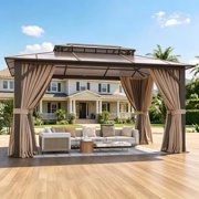 12 x16  Hardtop Gazebo with Double Polycarbonate Roof Outdoor Metal Gazebo Sturdy Aluminum Frame & Removable Curtains, Netting Permanent Pavilion Pergola for Garden,Patio,LawnBrown
