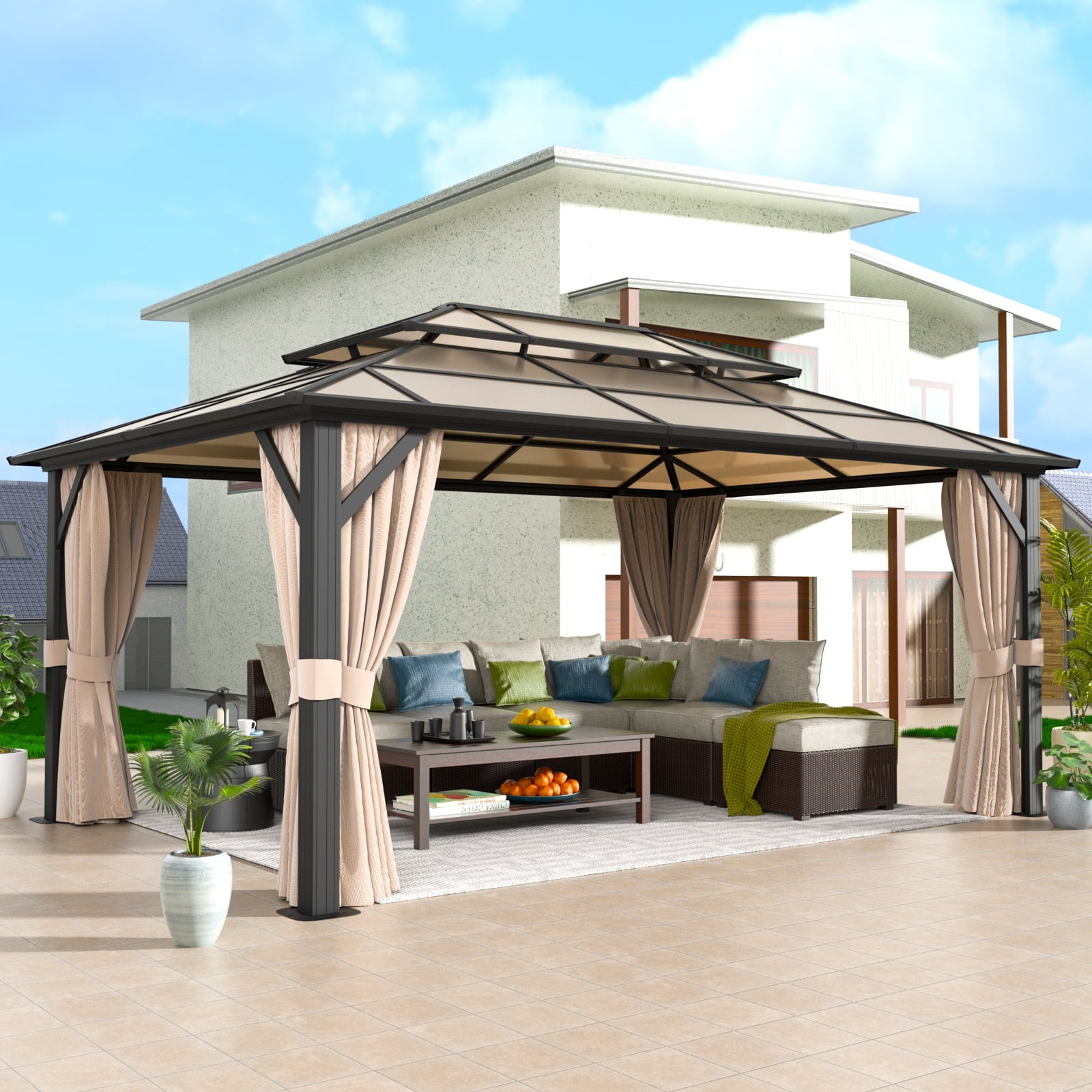 12' x 16' Beige and Black Aluminum Hardtop Gazebo