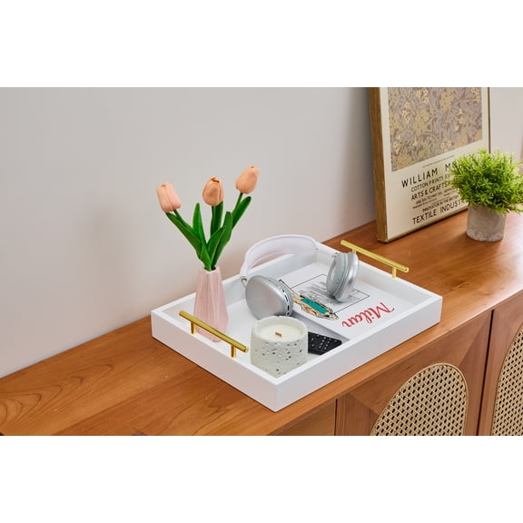12"x16" Serving Tray&nbsp;with Golden Handles, Coffee Table Tray, Tea Tray, Wood Decorative Tray, Kitchen and Desk Organizer, Storage Tray, Serving Tray for Party White